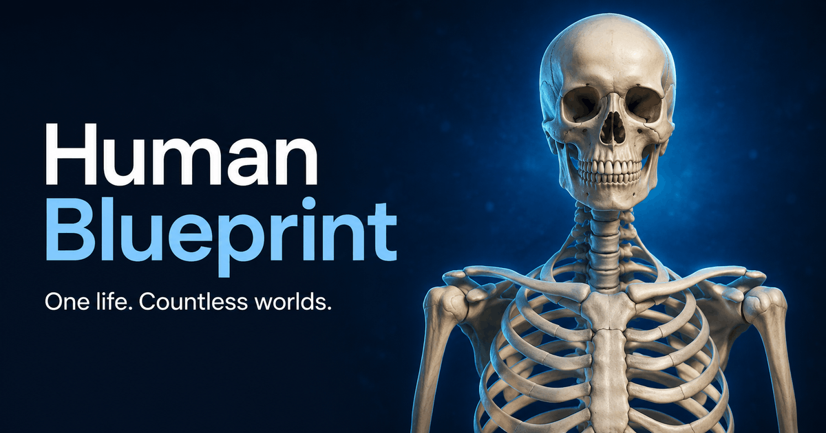 Human Blueprint: a 3D skeleton against a cinematic blue background